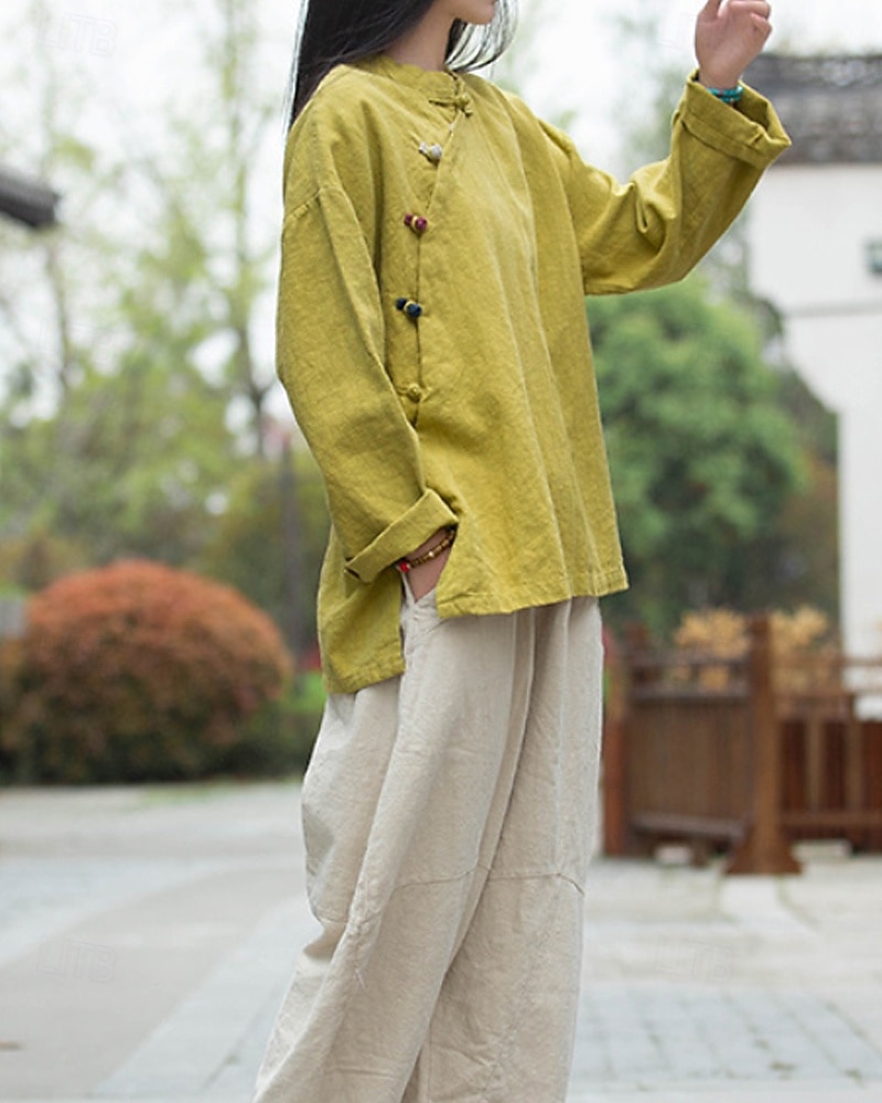Camicia da donna a maniche lunghe con colletto alla coreana in lino biologico del 2026 a $45.99 –P3