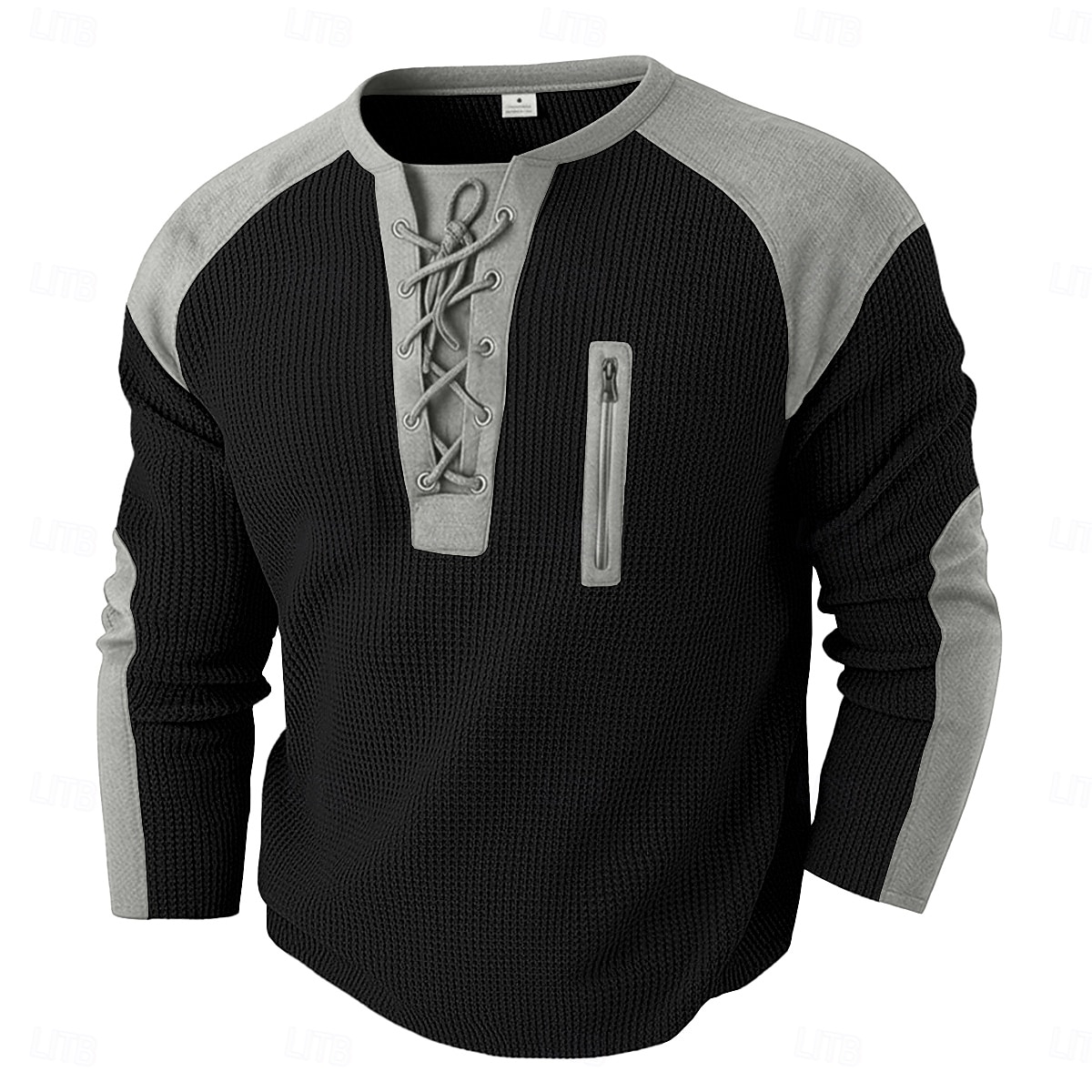 Hombre Camiseta con diseño de gofre Camiseta Manga Larga Escote Redondo cuello con cordones Otoño invierno Otoño Color sólido Bloque de color Tradicional / Retro Casual Correa Hogar Exterior Deporte 2026 - $24.99 –P5