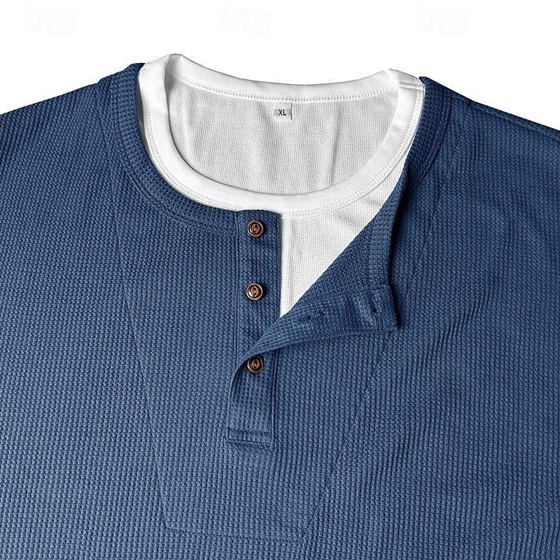 Men's Waffle Henley Shirt Tee Cotton Blend T-Shirt Short Sleeve Crew Neck Henley Summer Spring All Seasons Color Block Plain Textured Fashion Designer Casual Color Block Buttons Fake two piece Casual 2026 - $20.99 –P2