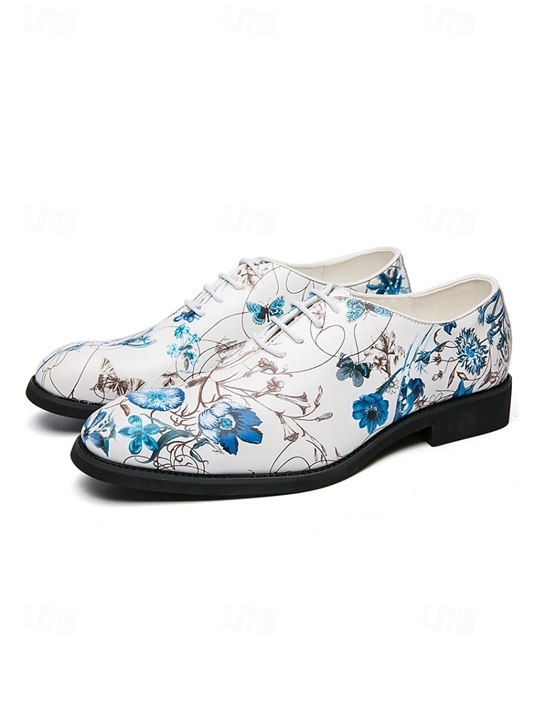 Chaussures habillées blanches pour homme à motif floral, broderie florale bleue, modèle Oxford à lacets, style élégant et formel pour mariages, fêtes et occasions spéciales. de 2026 ? $54.99 –P5