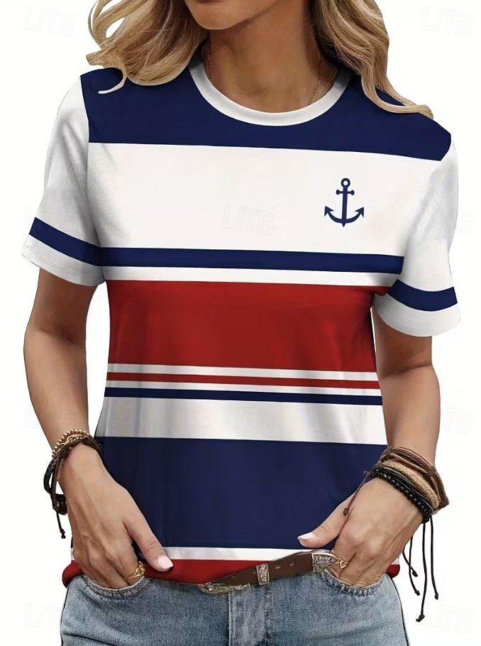 Amerykański Dzień Niepodległości Damskie Podkoszulek Nadruk Graficzny Flaga Zabytkowe Moda Elegancki Krótki rękaw Półgolf Zwykłe topy Codzienny Weekend Niebieski Rumiany róż Czerwony Lato Wiosna 2026 - $22.99 –P1