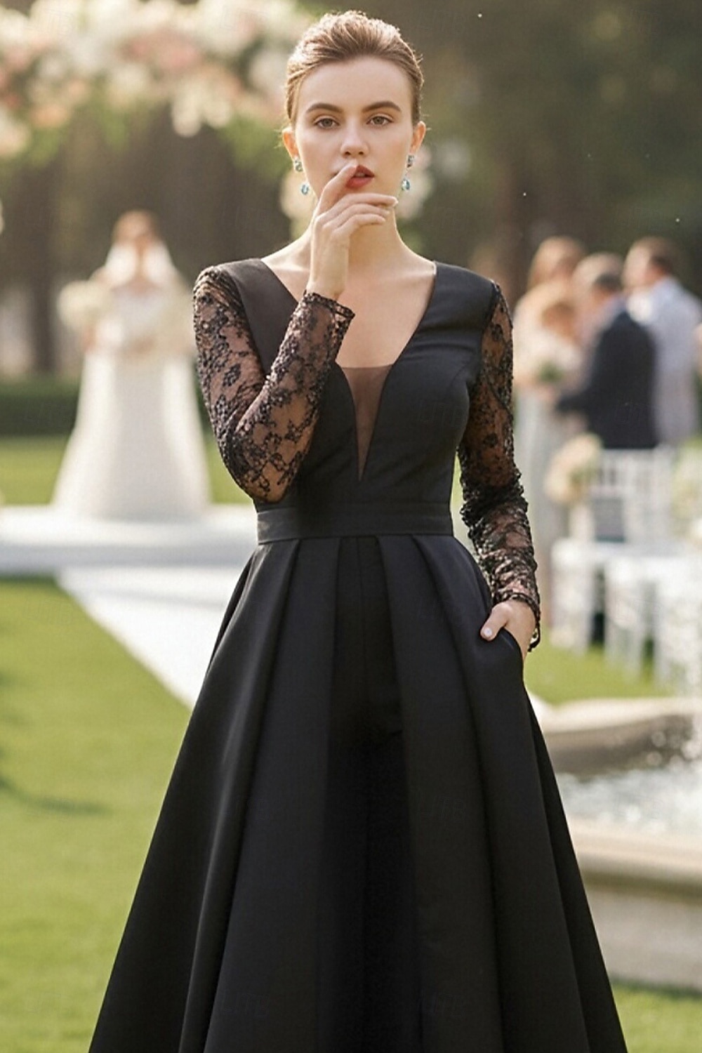 Jumpsuits Floor Length Mother of the Bride Dress Long Sleeve Plunging Neck Elegant Formal Wedding Guest Satin with Lace 2026 - $172.99 –P4
