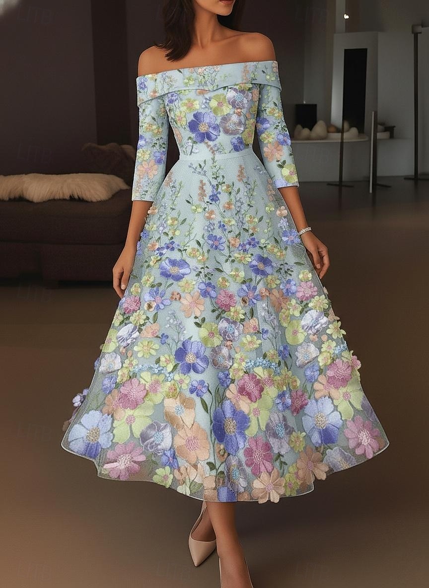 Linia -A Lungimea ceaiului Rochii de cocktail Elegant Epocă Floral Manșon Jumate De Pe Umăr Petrecere în grădină Nuntă Buzunar Satin Dantelă Glugă la Spate cu Broderie Buzunar 2026 - $182.99 –P1