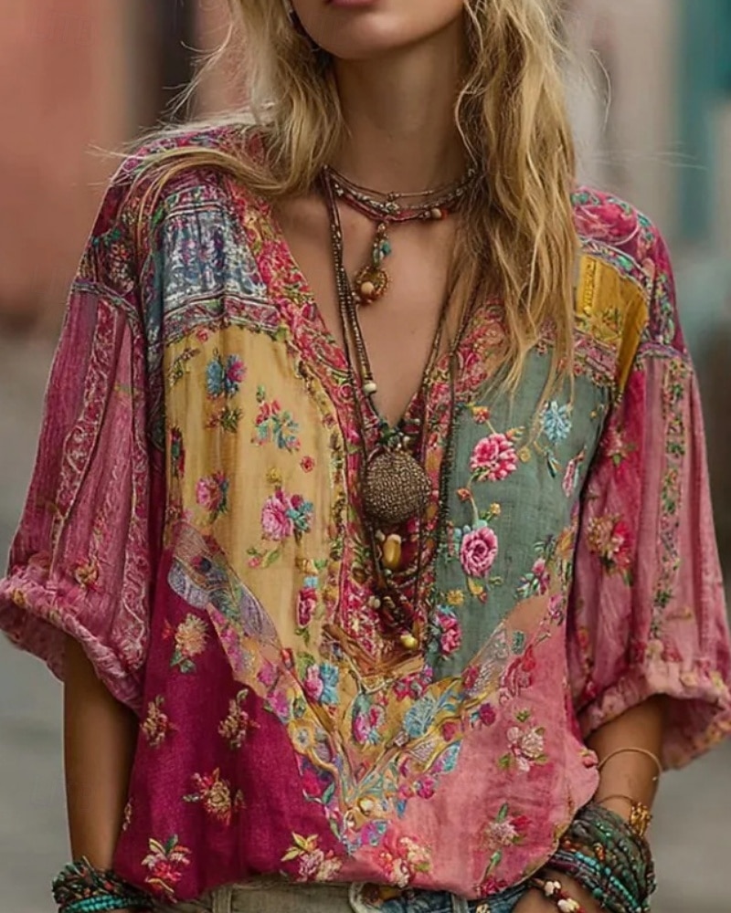 Dam Skjorta Linneskjortor i bomull Boho skjorta Blus Lappverk Mönster Blommig Grafisk bohemliv Stylish Etnisk Halvlång ärm V-hals Vanliga toppar Dagligen Helgdag Utekväll Rubinrött Sommar Vår 2026 - $38.99 –P1