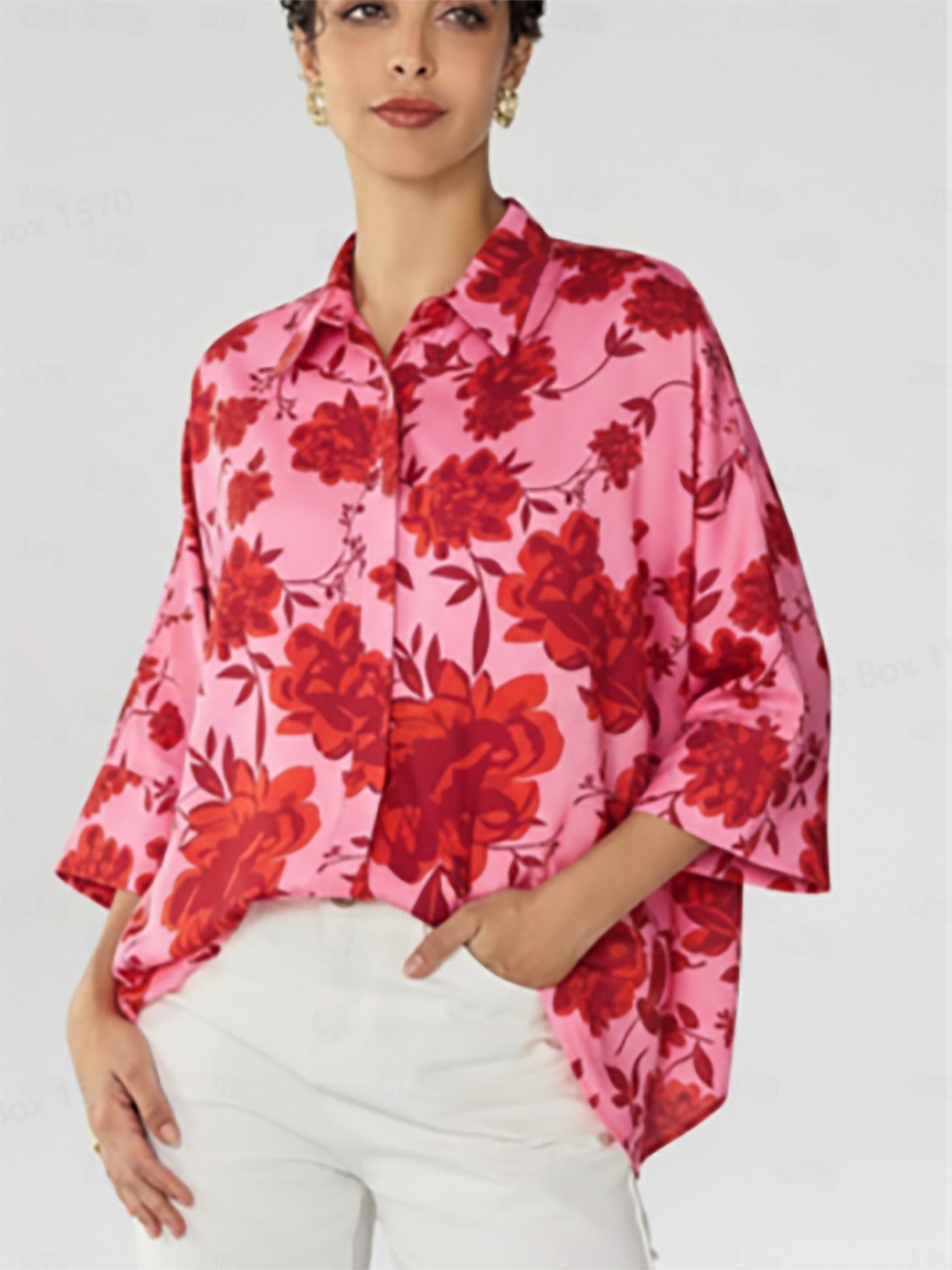 våren blommar flytande chiffong asymmetrisk dolman ärm blus 2026 - $67.99 –P1