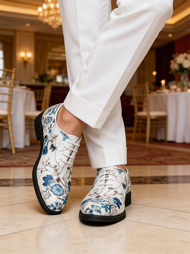 Chaussures habillées blanches pour homme à motif floral, broderie florale bleue, modèle Oxford à lacets, style élégant et formel pour mariages, fêtes et occasions spéciales. de 2026 ? $54.99 –P1