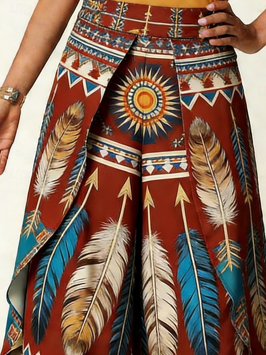 Women's Wide Leg Pants Trousers Casual Pants Vacation Casual Boho Full Length Medium Waist Graphic Feather Layered Asymmetric Comfort Soft Comfortable Inelastic Daily Outdoor Vacation Claret-red 2026 - $47.99 –P2