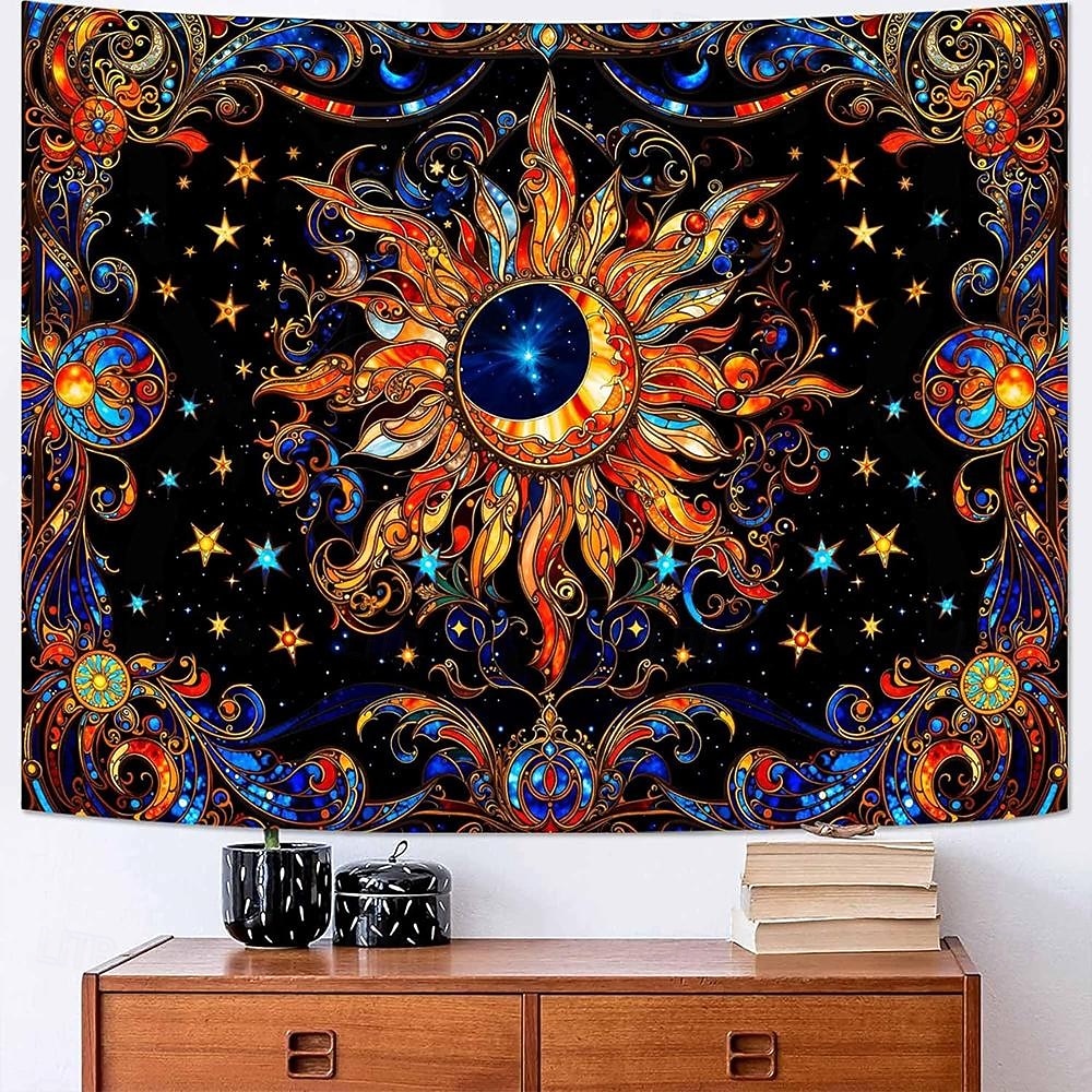Wandteppich mit Sonne und Mond aus Buntglas, himmlisches Mosaik, Boho-Stil, kunstvolle Wanddekoration für Yoga-, Meditations- und Wohnzimmer 2026 - $20.99 –P1