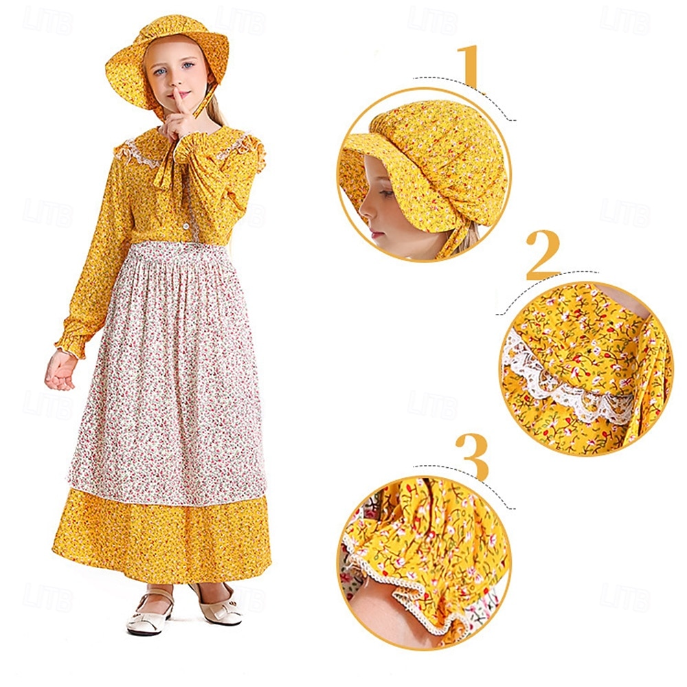 250e jubileum VS 19e eeuw jaren 1800 Prairiejurk Bonnet en schortset Lange Mouwen Pionier Meisje Koloniaal Pionier Onafhankelijkheidsoorlog Bloemig Kostuum Voor meisjes Halloween Carnaval 4 juli 2026 - $38.99 –P6