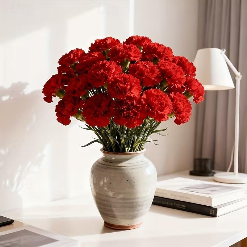 Bouquet di 15 garofani rossi vivaci - calda composizione floreale artificiale - fiori finti per la casa, adatti per matrimoni, uffici, decorazioni natalizie, San Valentino, festa della mamma, del 2026 a $13.99 –P6