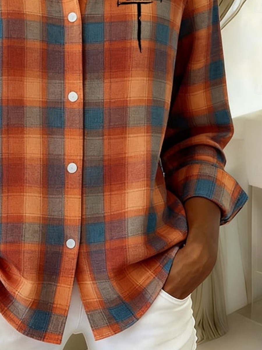Mujer Camisa Camisa con botones Camisa casual Blusa Botones Plaid Vintage Elegante Clásico Manga Larga Cuello Camisero Tops regulares Diario Festivos Noche Naranja Verano Primavera 2026 - $35.99 –P3