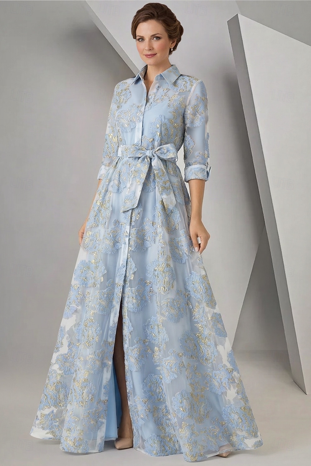 A-الخط طول الأرض شيرت دريس فستان رسمي فستان سهرة فستان أم العروس كم طويل قبعة القميص أنيق عتيق سبليت عالية رسمي قماش الجاكار مع شريطة زهور 2026 - $186.99 –P1