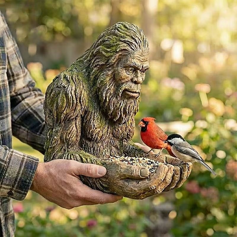 Bigfoot fuglemater, vanntett utendørs skulptur med palmeskål &skjult nøkkelhullshenger, tremontert/hengende hagedekor for fugletitting i hagen, for naturelskere 2026 - $25.99 –P3