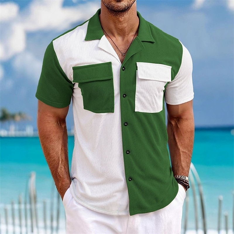 Men's Shirt Waffle Shirt Casual Shirt Work Shirt Button Up Shirt Blue Black Green khaki Gray Short Sleeve Plain Cuban Collar Casual Daily Front Pocket Clothing Apparel Elegant Fashion Casual 2026 - $26.99 –P4