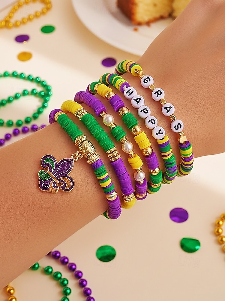 2026年 女性用アクリルブレスレットセット、マルチパターンデザイン、マルディグラテーマ、カーニバルやお祭りに最適  コレクション – $11.99 –P2