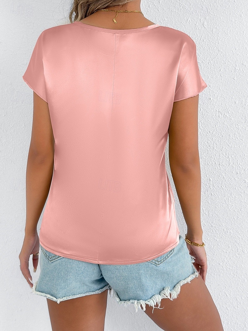 Damskie Satyna Top satynowy Podkoszulek Jednokolorowe Elegancja Elegancki Krótki rękaw Rękaw nietoperz Półgolf Zwykłe topy Codzienny Wyjściowe Zielony trawiasty Czarny Rumiany róż Złoty Lato Wiosna 2026 - $21.99 –P10
