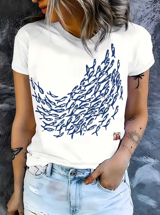 Mujer Camiseta Estampado Graphic Animal Vintage Elegante Clásico Manga Corta Cuello Barco Tops regulares Diario Fin de semana Azul Piscina Blanco Rosa Verano Primavera 2026 - $22.99 –P7
