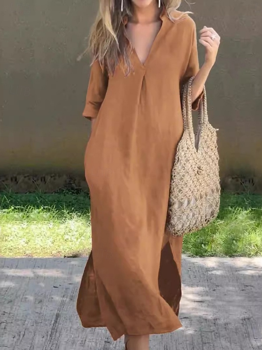Women's Maxi Dress Shift Dress Summer Dress Casual Daily Loose Fit Plain 3/4 Length Sleeve V Neck Blue Black White Red Summer Spring Fall 2026 - $29.99 –P8