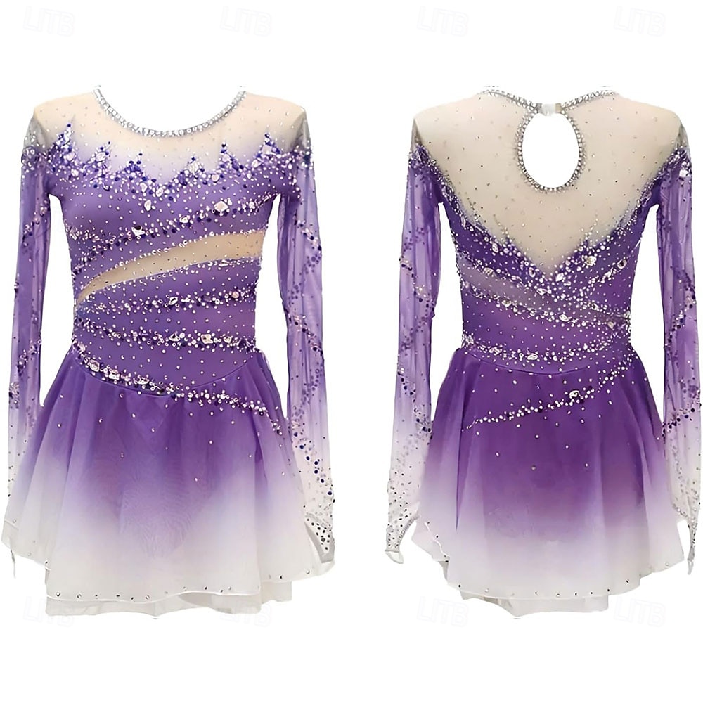 Robe de patinage artistique Femmes Patinage Robe Violet Noir Rouge Patchwork Trou de pouce Haute Élasticité Entraînement Compétition Tenue de Patinage Classique cristal pailleté manche longue de 2026 ? $257.99 –P5
