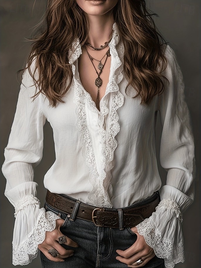 Dámské Boho košile Krajková košile Košile pro volný čas Halenka Krajkový lem Vinobraní stylové Dlouhý rukáv Zvonové Do V Běžné topy Denní Dovolená Bílá Léto Jaro 2026 - $36.99 –P1