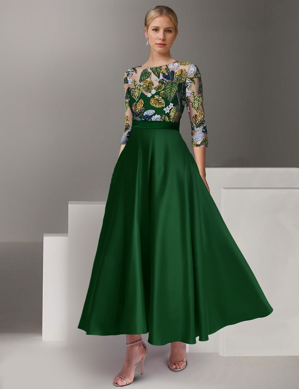 גזרת A באורך הקרסול חרוזים רקומים שמלה רשמית שמלת אם הכלה שמלות קוקטייל שמלות ערב שמלת נשף לבוש רשמי אלגנטית בלוק צבע פיצול גבוה חצי שרוול אשליה חתונה רשמי סאטן עם קפלים שסע 2026 - $197.99 –P3