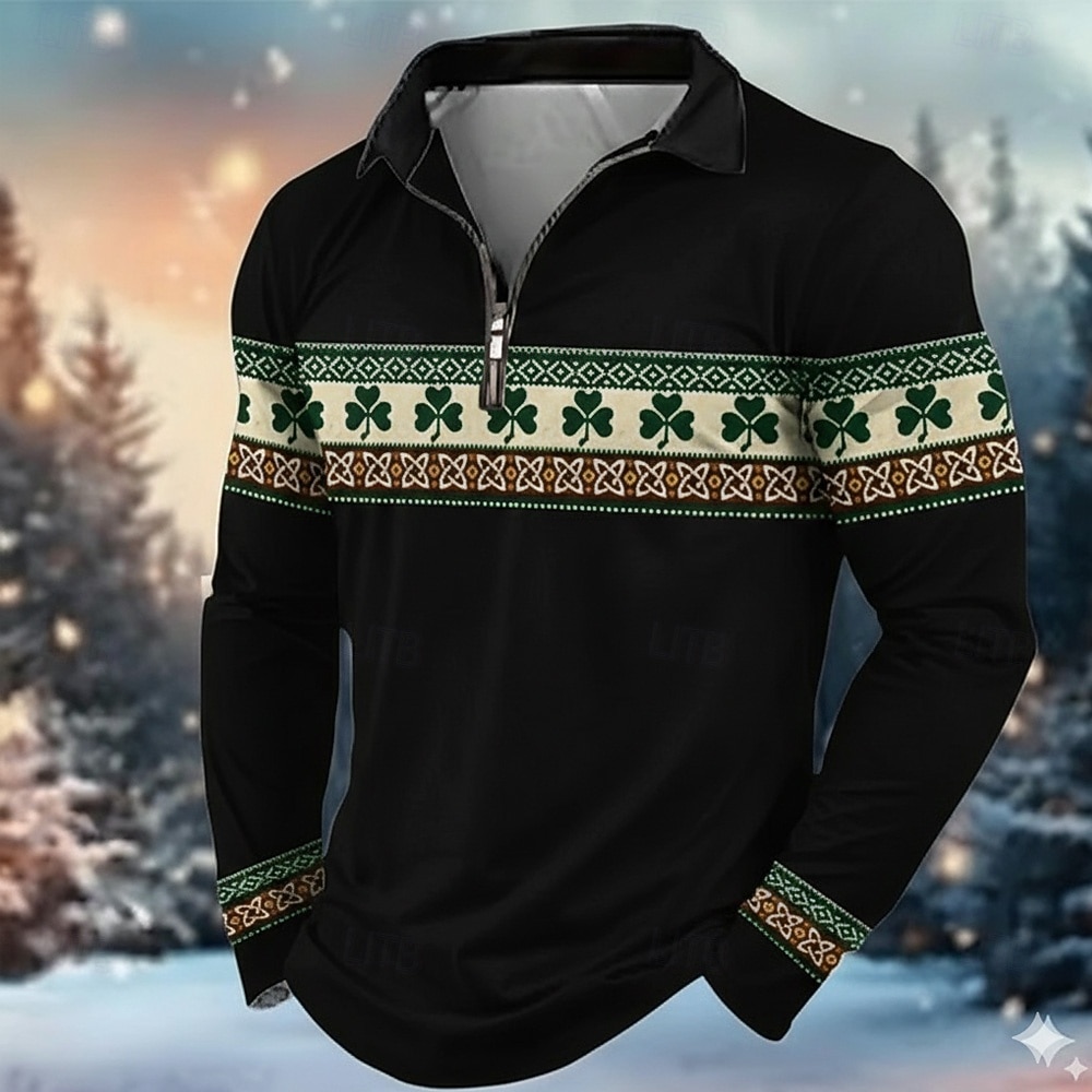 St Patrick's Day Men's Shamrock Polo Long Sleeve Turndown Modern Leisure Athleisure Casual Daily Festival Zipper 3D Print Spring Fall Black White Green 2026 - $21.99 –P2