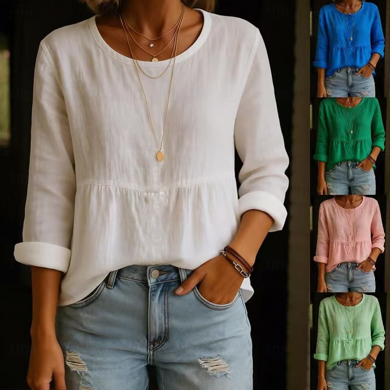 Mulheres Camisas com toque de linho Blusa Franzido Côr Sólida à moda Casual Manga Longa Gola Redonda Tops regulares Diário Azul Branco Verde Claro Rosa Verde Verão Primavera Outono de 2026 por $21.99 –P1