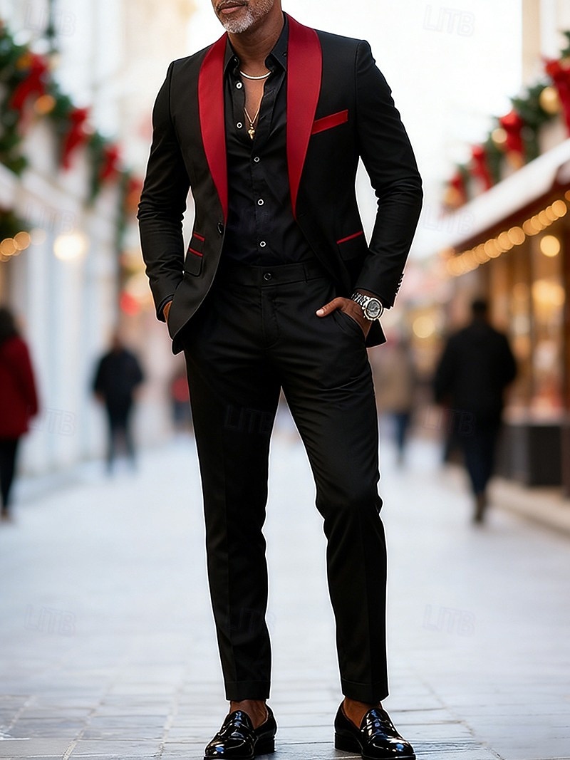 Men's Blazer+Dress Pants Suits Business Cocktail Party Wedding Party Fashion Casual Spring Fall Polyester Plain Pocket Buttons Comfortable Single Breasted Blazer Black Red Burgundy Green 2026 - $93.99 –P1