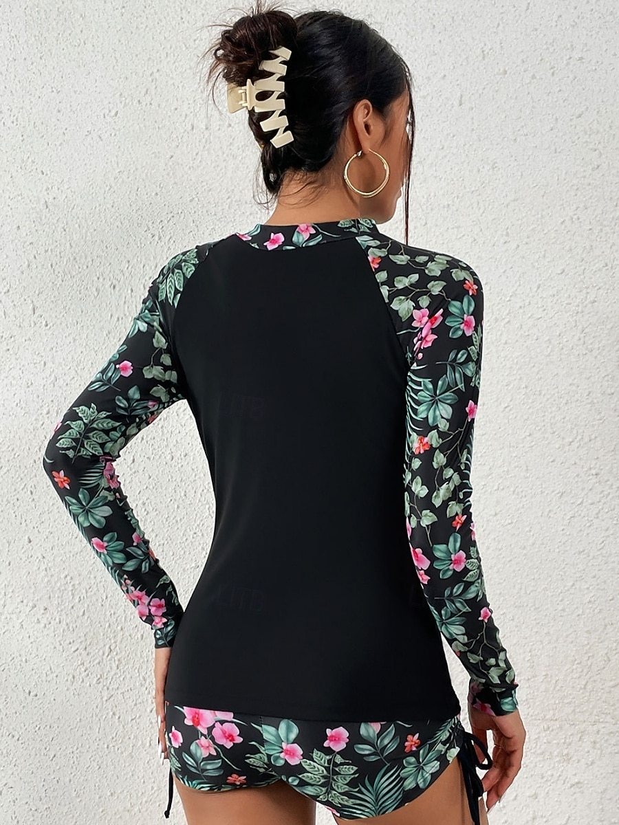 Dámské Plavky Tankini 2 ks Kraťasy Plavky Zaštíhlující Vysoký pas Štíhlý prázdniny Oblečení na pláž Květinový Stojáček Dlouhý rukáv Plavky 2026 - $36.99 –P5