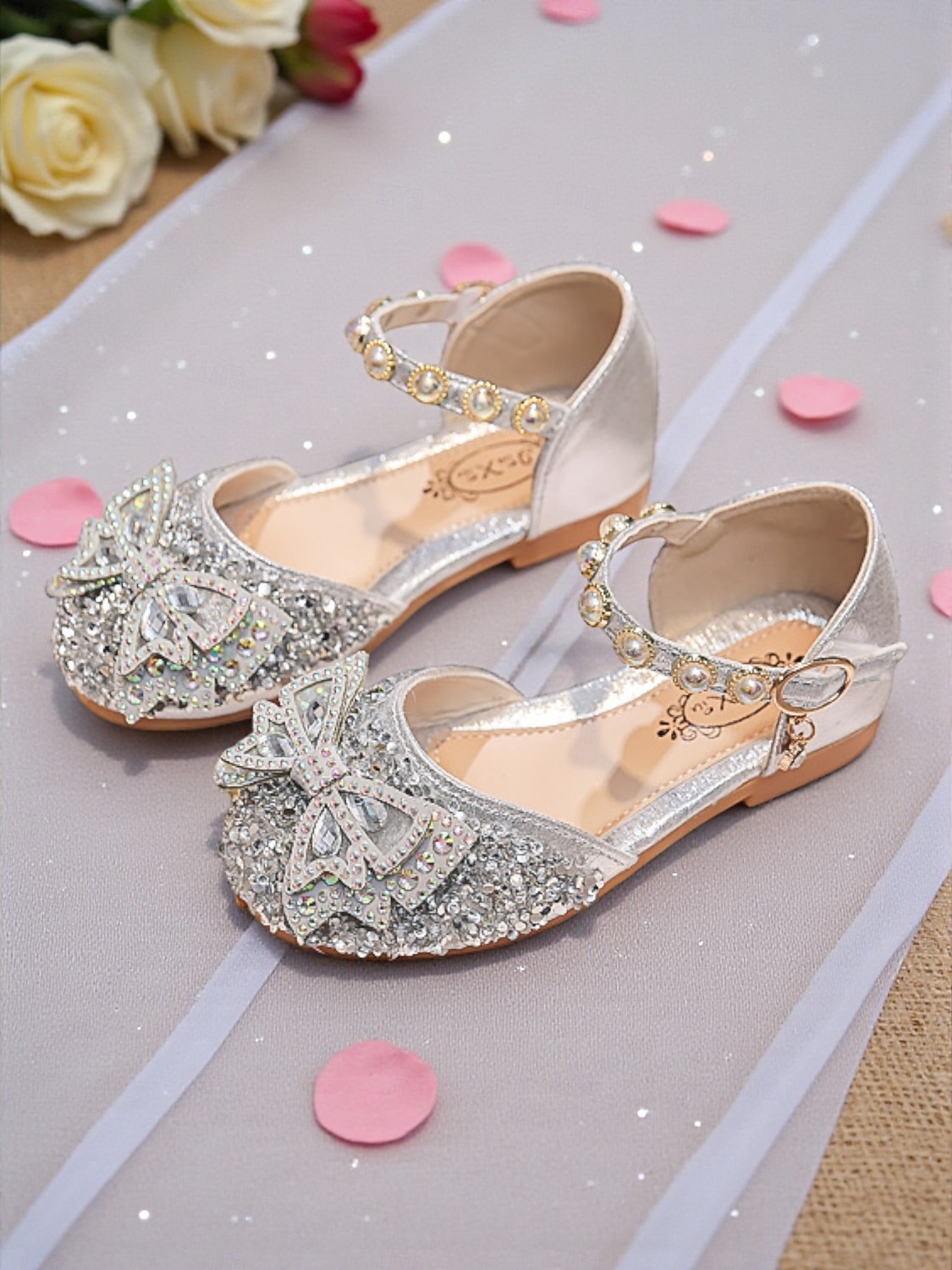 scarpe eleganti Mary Jane con strass scintillanti per bambini, dettaglio fiocco di cristalli, tomaia in tessuto glitterato e cinturino regolabile alla caviglia, elegante stile principessa per bambine, del 2026 a $24.99 –P1