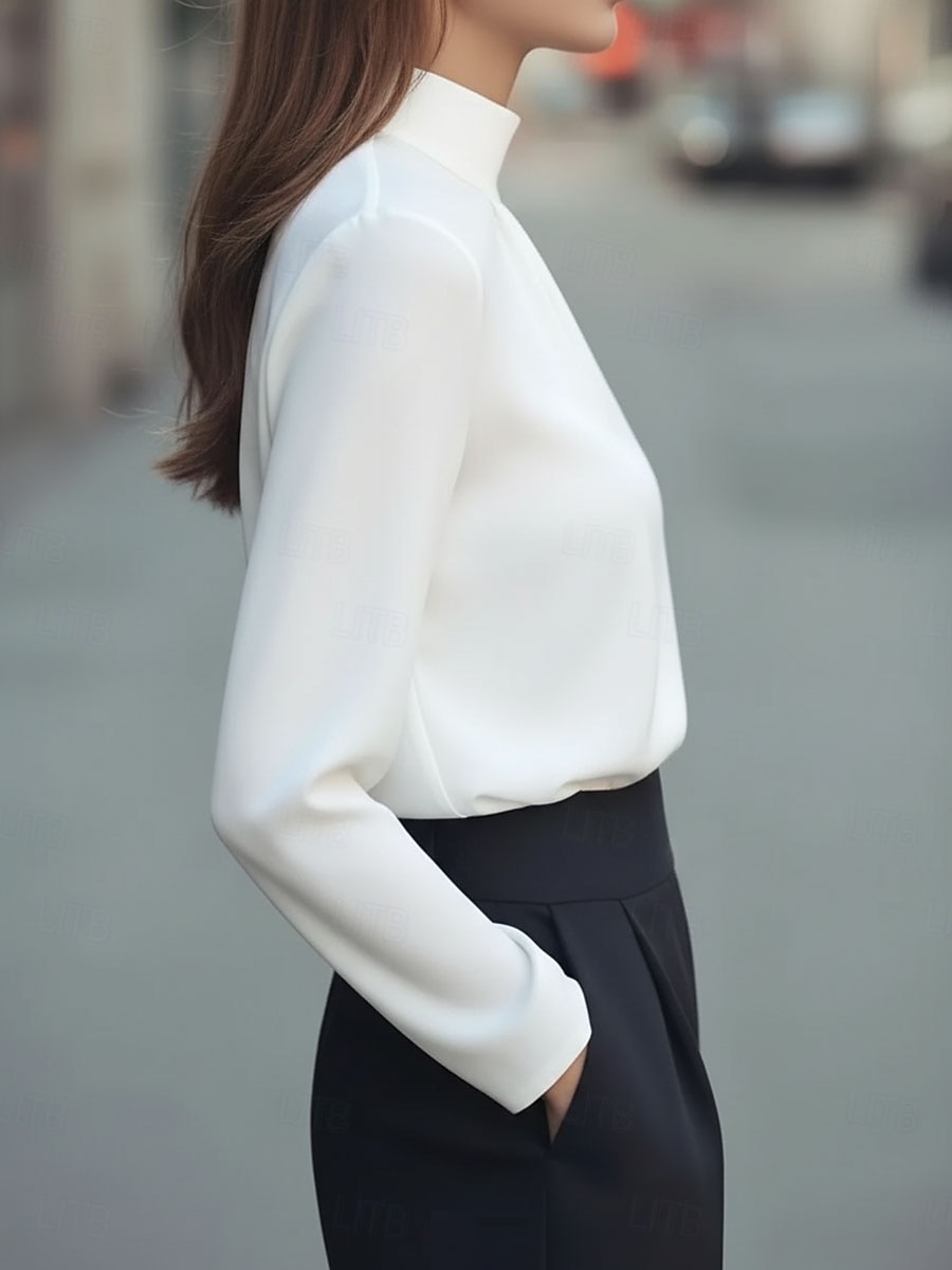 Per donna Elegant Elegante Top in raso Blusa Semplice Elegante Quotidiano Collo Alto Top Regolari Quotidiano Nero Bianco Viola Cachi Autunno del 2026 a $13.99 –P2