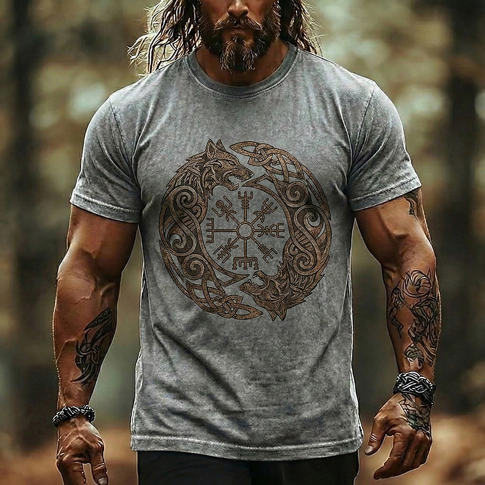 viking vegvisir iránytű farkas póló férfi mosott pamutkeverék norvég rúnás mintás póló vintage mitológiai felső ruházat S M L XL XXL XXXL 2026 - $21.99 –P1