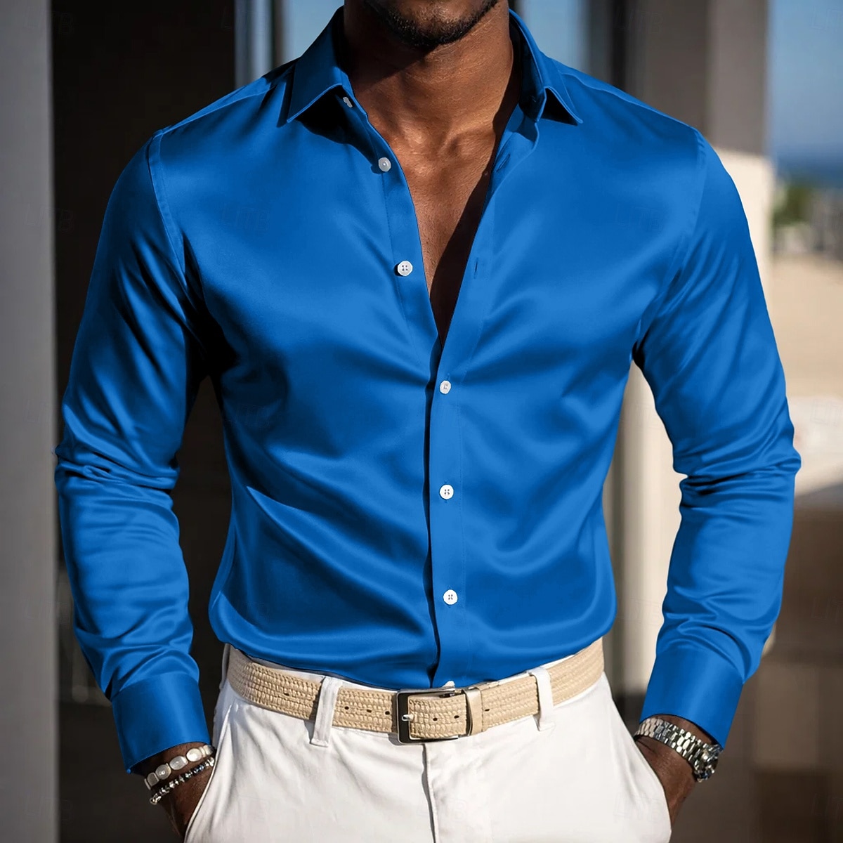 Voor heren Overhemd Satijnen overhemd Normaal shirt Overhemd met knopen Galashirt Effen Feest Bruiloft Koningsblauw Lange mouw Revers Alle seizoenen Kleding 2026 - $29.99 –P8