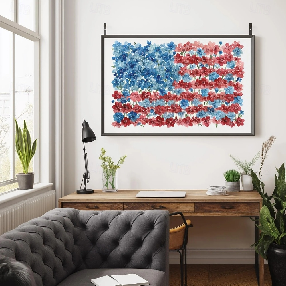 Impresión rústica floral de la bandera estadounidense - arte de pared patriótico en acuarela decoración de granja Cottagecore pintura botánica festiva 2026 - $12.99 –P4
