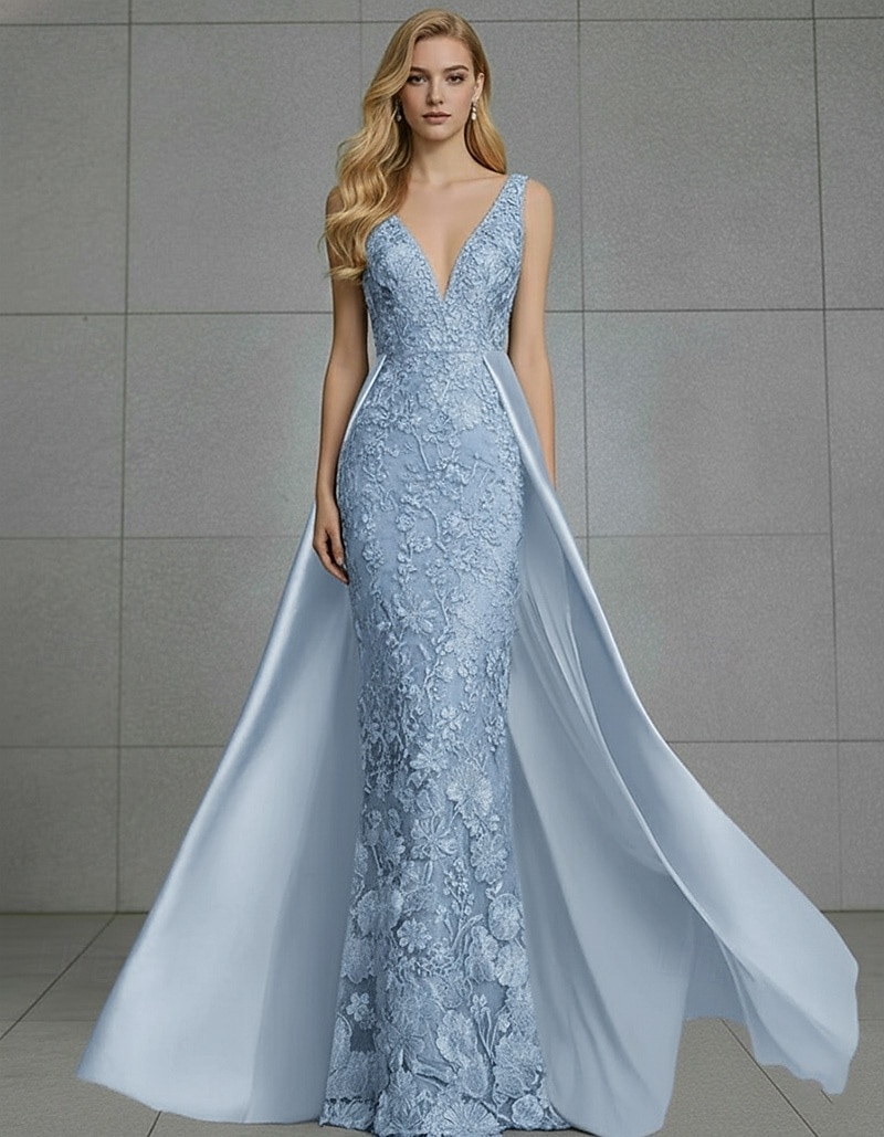 Sereia Longo Vestidos de noite Vestido de baile com sobressaia Vestido formal Elegante Sem Manga Decote V Casamento Formal Cetim Renda Sem parte Traseira com Bordado Apliques de 2026 por $205.89 –P4