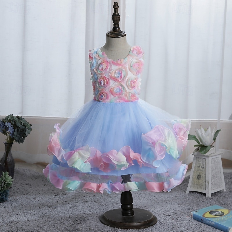 Flower Girl Dress Girls' Formal Dress Wedding Attire Party Wedding Formal Elegant Fashion Adorable Mesh Floral Sleeveless Crew Neck Blue Pink 4 years+ 2026 - $36.99 –P3