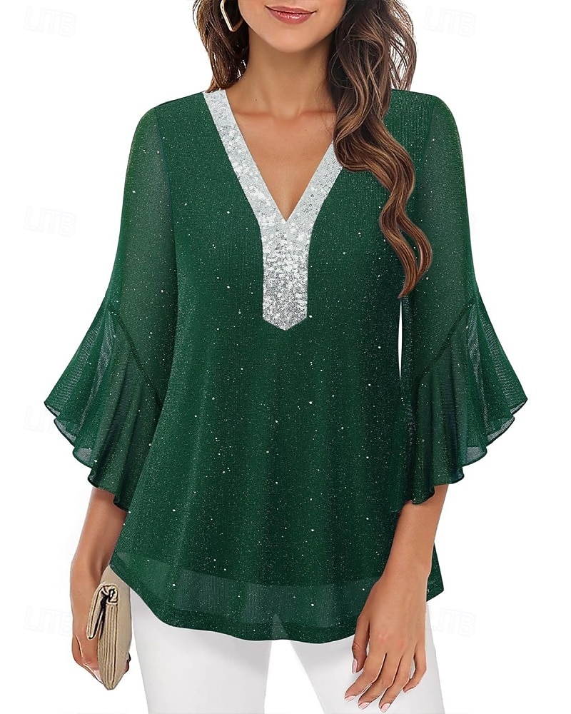 Mulheres Blusa Tops de lantejoulas Patchwork Bloco de cor à moda Moderno Manga 3/4 Sino Decote V Tops regulares Diário Feriado Para Noite Azul Preto Vermelho Verde Verão Primavera de 2026 por $31.99 –P14