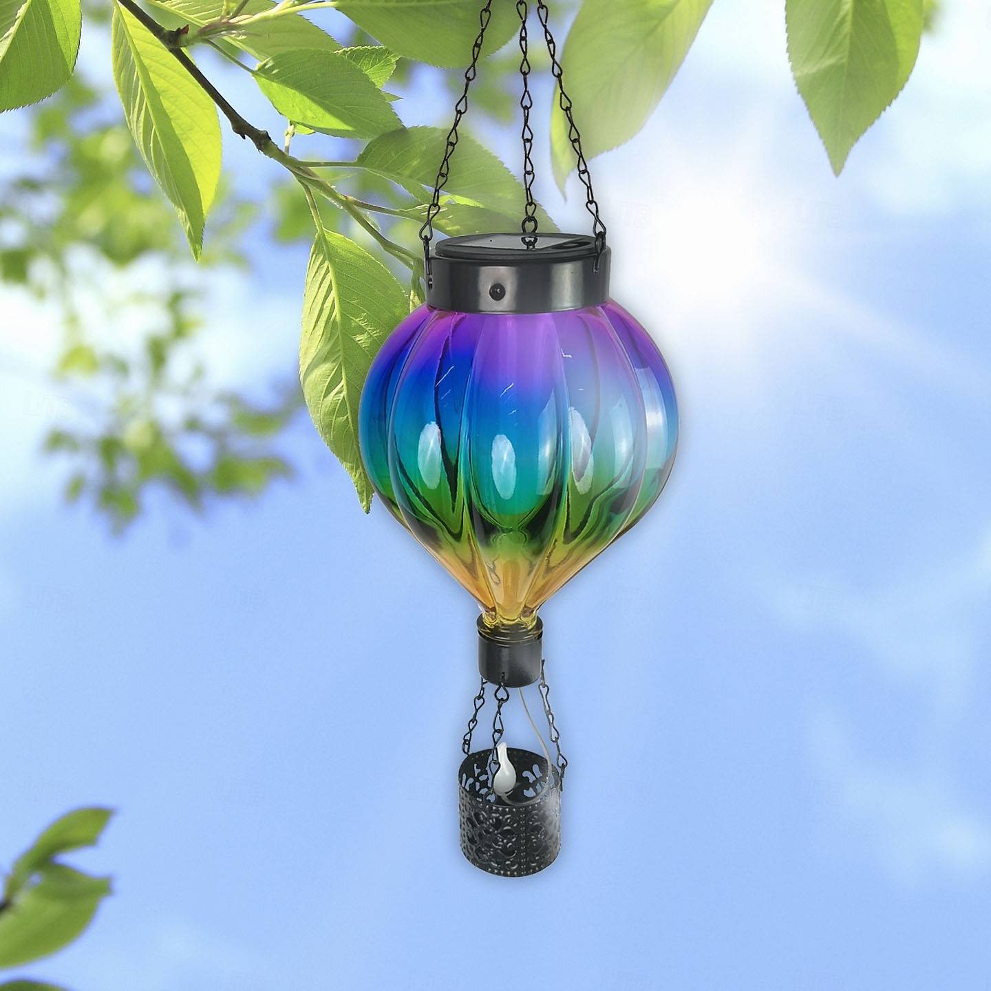 1 linterna de globo aerostático de metal de vidrio colorido impermeable y solar para exteriores, luz de llama simulada LED, decoración de árboles de granja y jardín, iluminación de paisaje, luz 2026 - $30.99 –P7