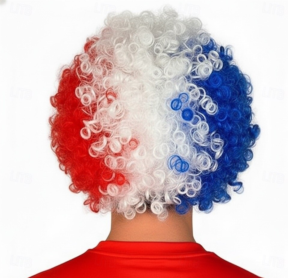Pelucas rizadas del 4 de julio Rojas blancas y azules peluca rizada natural resistente al calor para fiesta de cosplay 2026 - $28.99 –P2