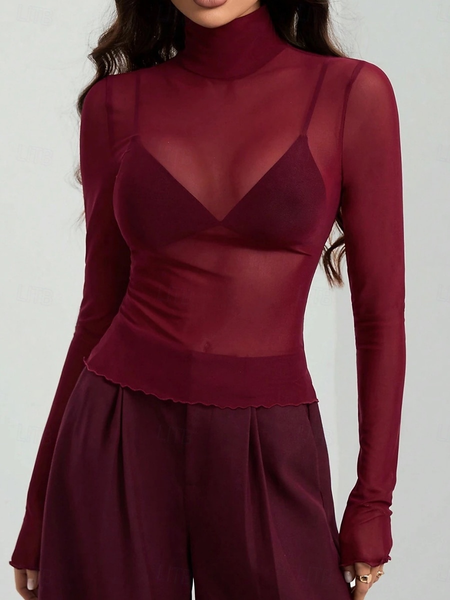 Per donna Blusa Patchwork Rete Tinta unica Elegante Classico Moderno Manica Lunga Dolcevita Top Regolari Quotidiano Ferie Uscire Blu Nero Rosso Marrone Verde Estate Primavera Autunno Inverno del 2026 a $25.99 –P2