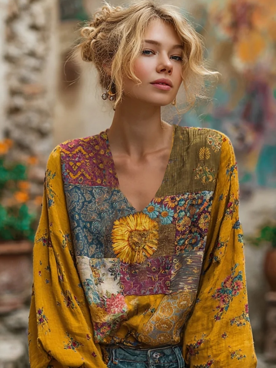 Γυναικείο Boho Μπλούζα Λινόν Όπως Αναπνεύσιμο Ελαφρύ Λουλούδια Elegant Βοημία Τροπικό Μάκρο Μανίκι V Λαιμός Κανονικά Τοπ Ημέρας Γιορτές Patchwork Κουμπιά Εκτύπωση Κίτρινο Ανοιχτό Μπλε Άνοιξη 2026 - $32.99 –P1