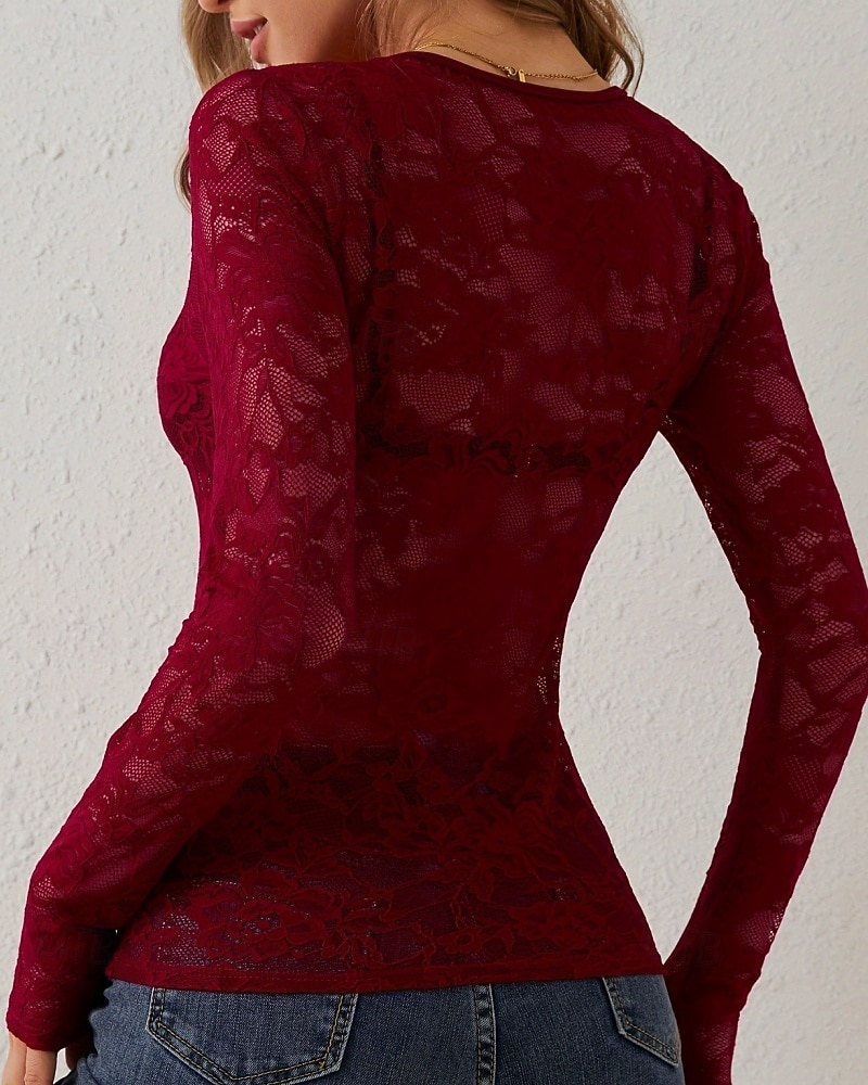 Per donna Blusa Top in pizzo Pizzo Floreale Semplice Elegante Sexy Moderno Manica Lunga Scollo a V Top Regolari Quotidiano Ferie Uscire Blu Nero Bianco Vino Verde Estate Primavera Autunno Inverno del 2026 a $8.49 –P7