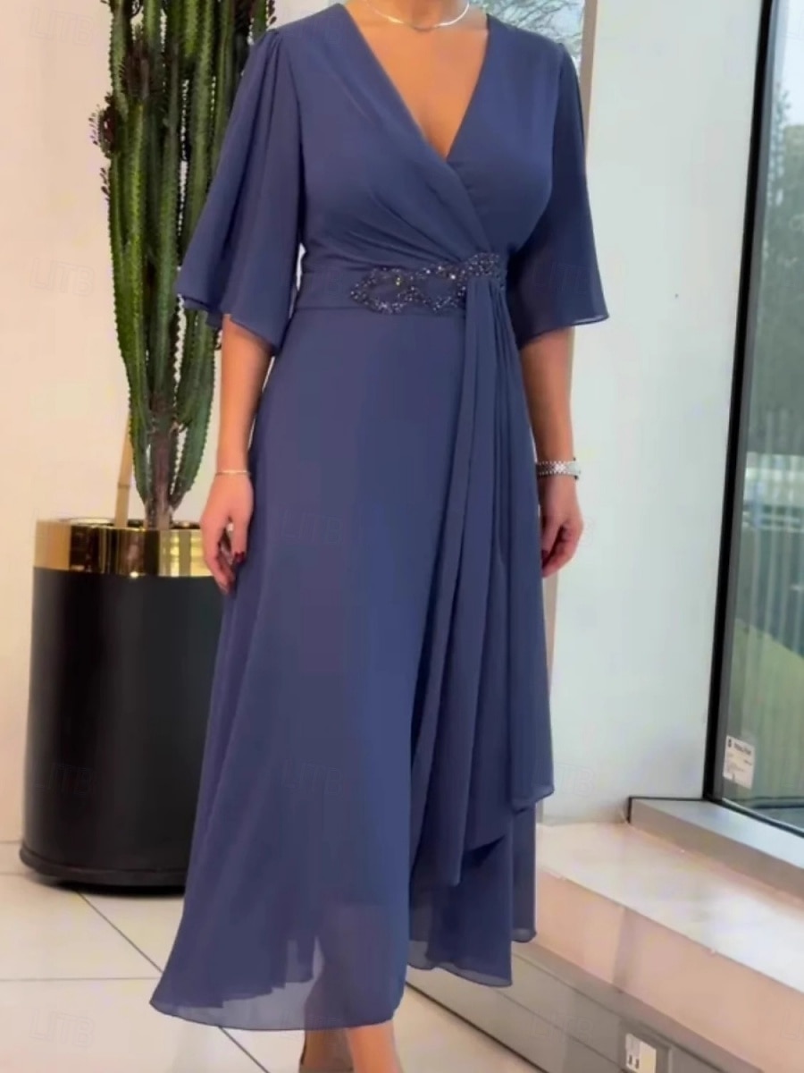Pentru femei Rochie Maxi Rochie casual Rochii din Șifon Elegant Modă Modern În aer liber Vacanță Ieșire Fit regulat Simplu Manșon Jumate În V Albastru Închis Gri Vară Primăvară 2026 - $37.99 –P4