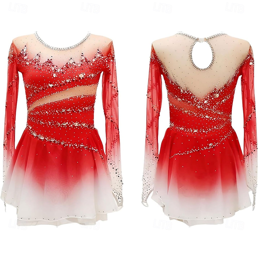 Robe de patinage artistique Femmes Patinage Robe Violet Noir Rouge Patchwork Trou de pouce Haute Élasticité Entraînement Compétition Tenue de Patinage Classique cristal pailleté manche longue de 2026 ? $257.99 –P4