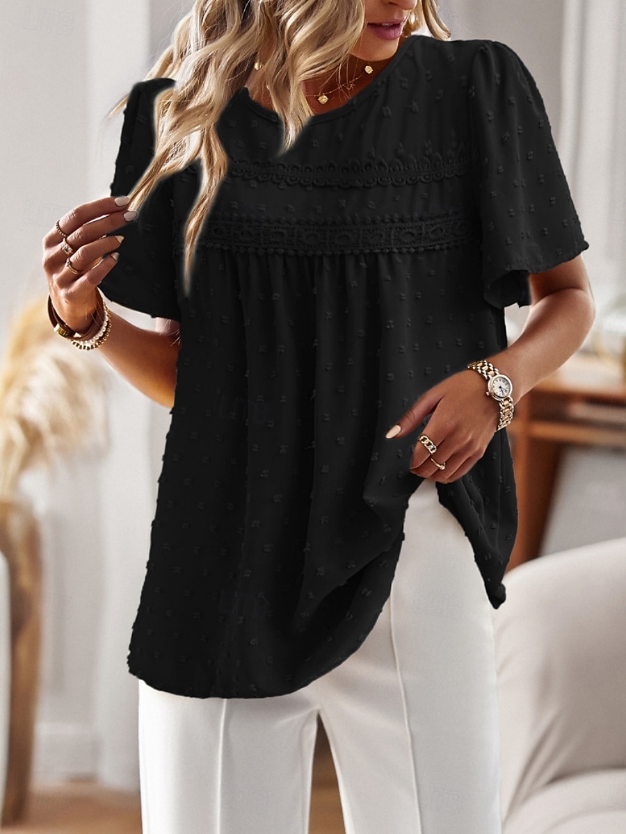 Women's Summer Shirt Casual Shirt Blouse Lace Trim Solid Color Vacation Stylish Casual Short Sleeve Crew Neck Regular Tops Daily Beach Holiday Blue Black White Pink Red Summer Spring 2026 - $32.99 –P19