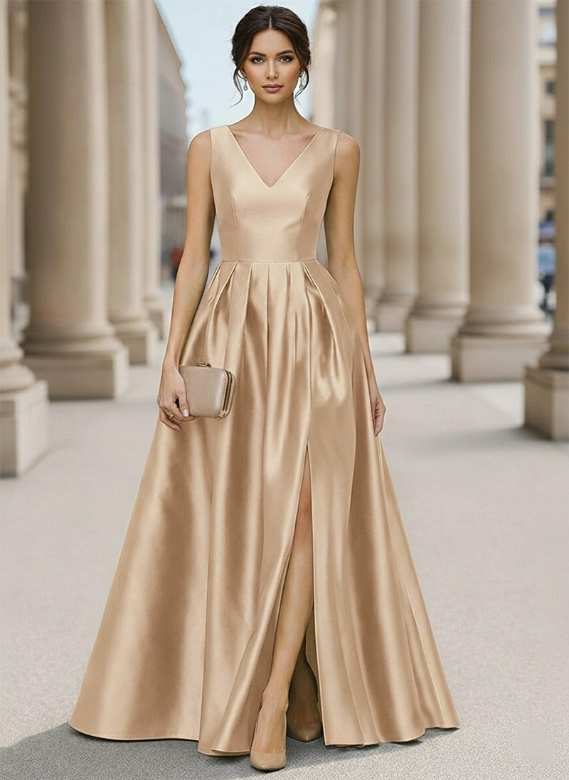 Linea ad A Lunghezza al pavimento Abito da Sera Elegante Quotidiano Senza Maniche Scollo a V Matrimonio Formale Taffetà con Pieghe Spacco del 2026 a $171.99 –P5