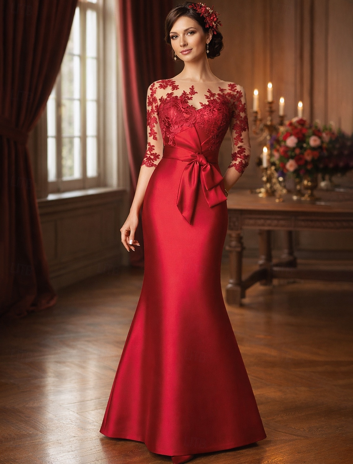 Mermaid Trumpet Floor Length Wedding Guest Dress Formal Dresses Evening Gown Mother of the Bride Dress 3/4 Length Sleeve Illusion Neck Elegant Mother Engagement Satin Lace with Appliques 2026 - $218.49 –P1