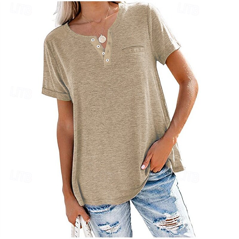 Mujer Tops de verano Blusa Frunce Retazos Bolsillo Color sólido Plano Elegante Vintage damas Manga Corta Escote en Pico Tops regulares Diario Trabajo Festivos Rosa Morado Verde Trébol Caqui Verano 2026 - $29.99 –P6