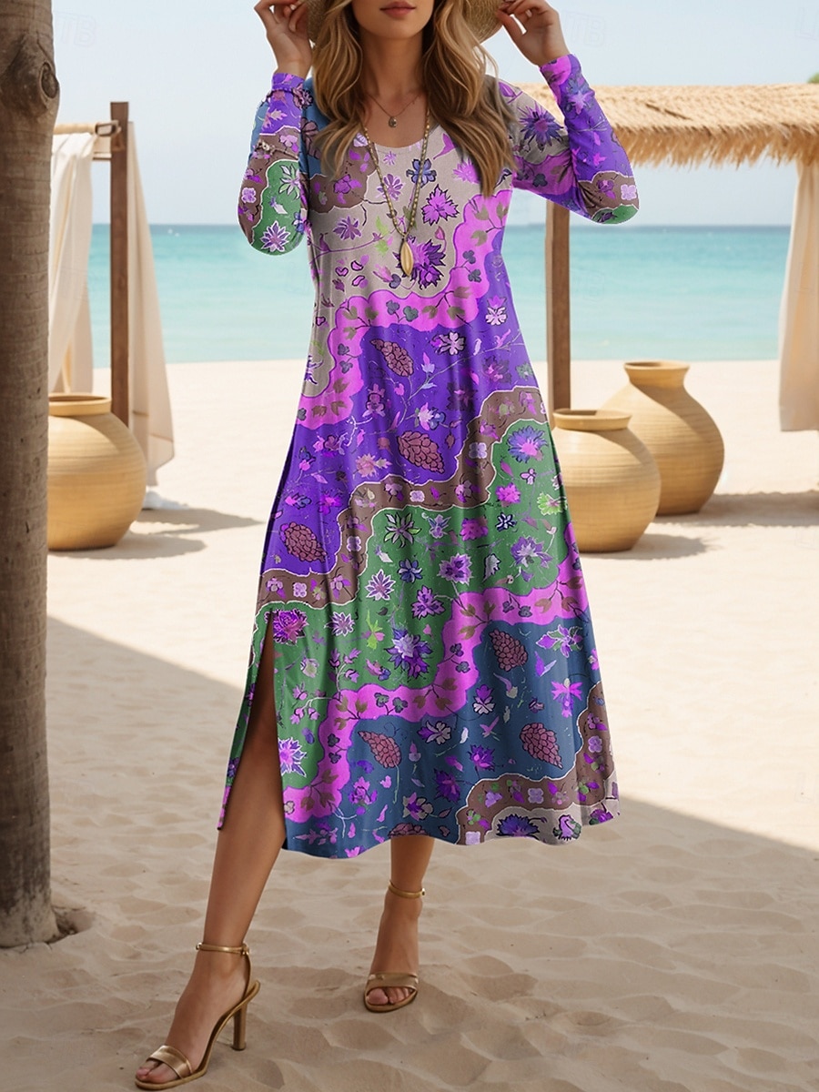 Mujer Vestido Midi Vestido estilo camiseta Casual Diario Delgado Graphic Geométrico Manga Larga Cuello Barco Azul Piscina Amarillo Rojo Morado Verano Primavera 2026 - $29.99 –P3