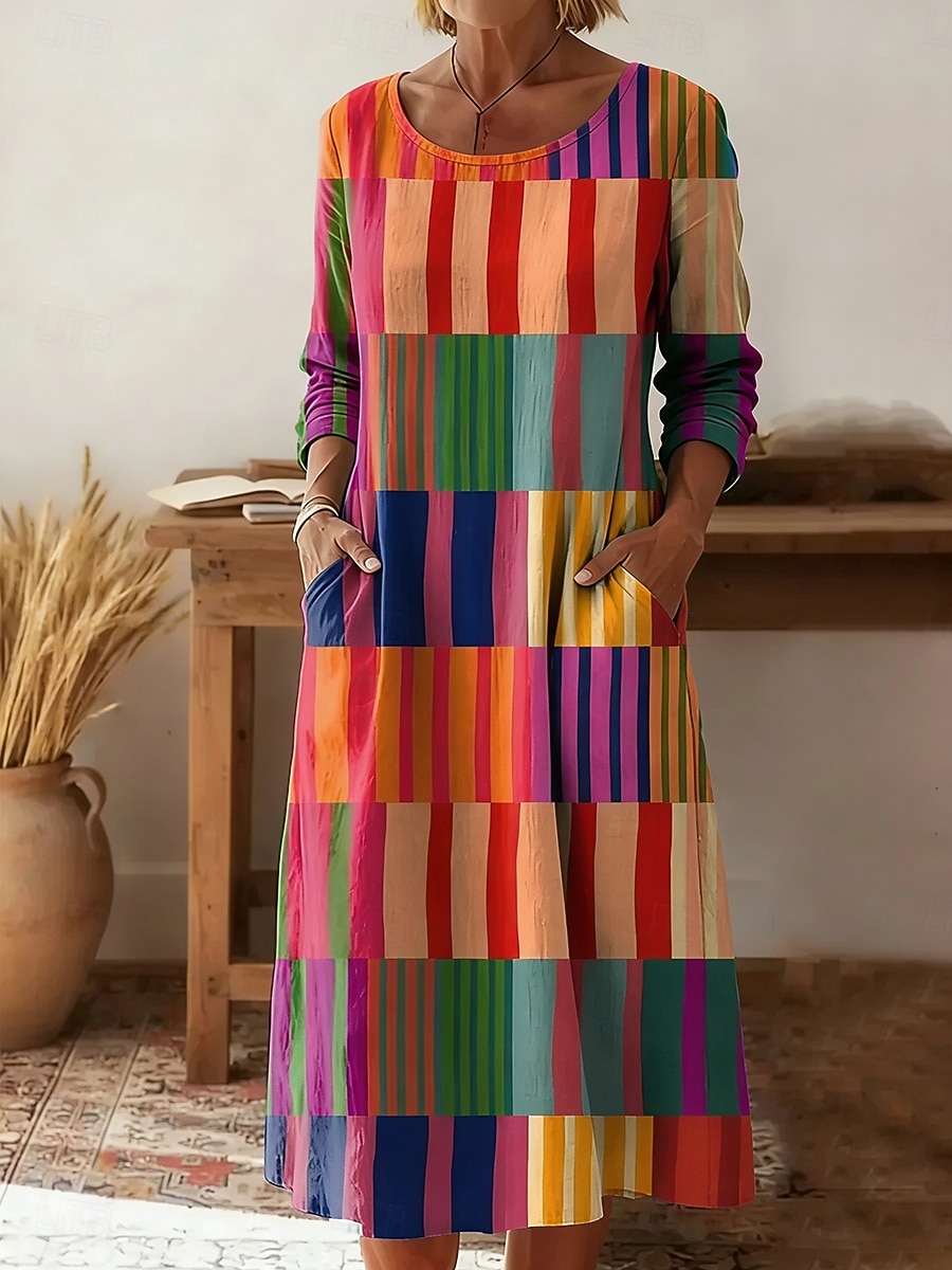 Per donna Abito Midi Tubino Vestito T-Shirt Vacanza Casual Boho Ferie Data Vestibilità regolare Grafico Geometrico Astratto Manica Lunga Girocollo Giallo Rosa Arancione Estate Primavera del 2026 a $32.99 –P3